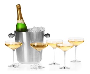 Photo of Champagne and bucket with ice isolated on white