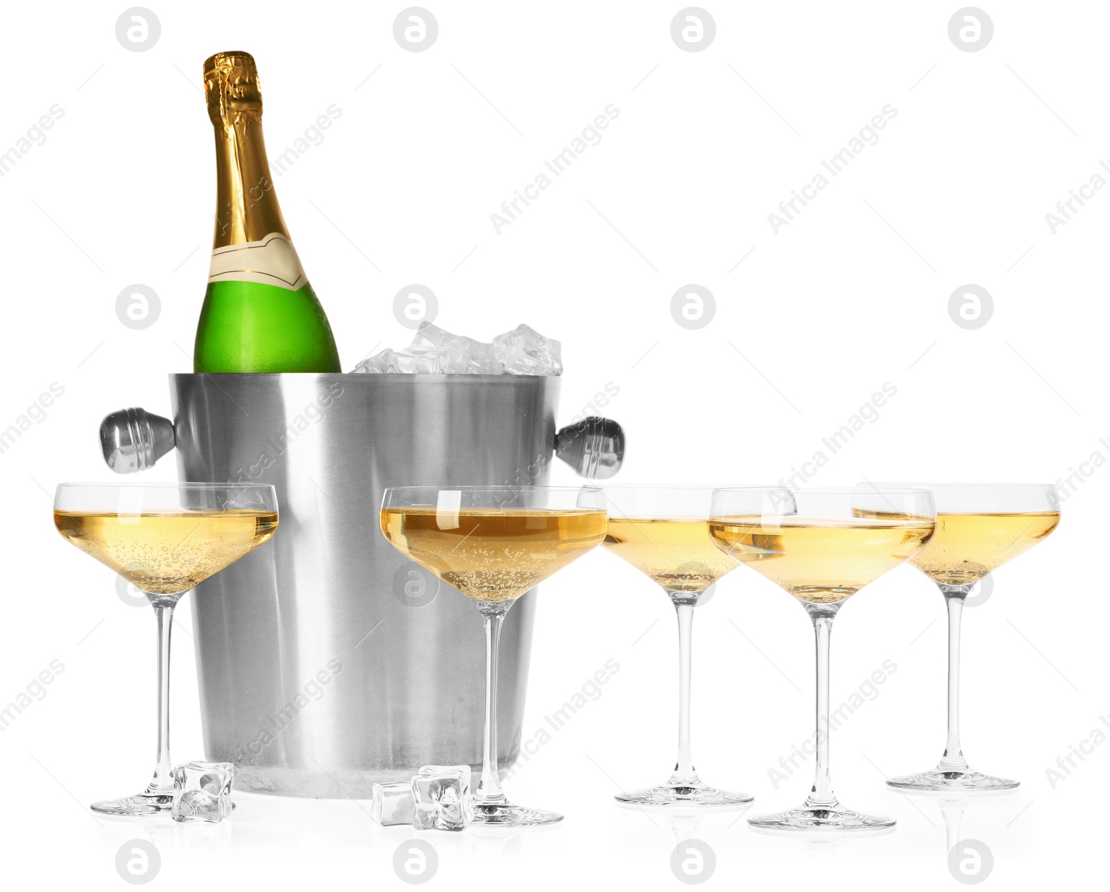 Photo of Champagne and bucket with ice isolated on white