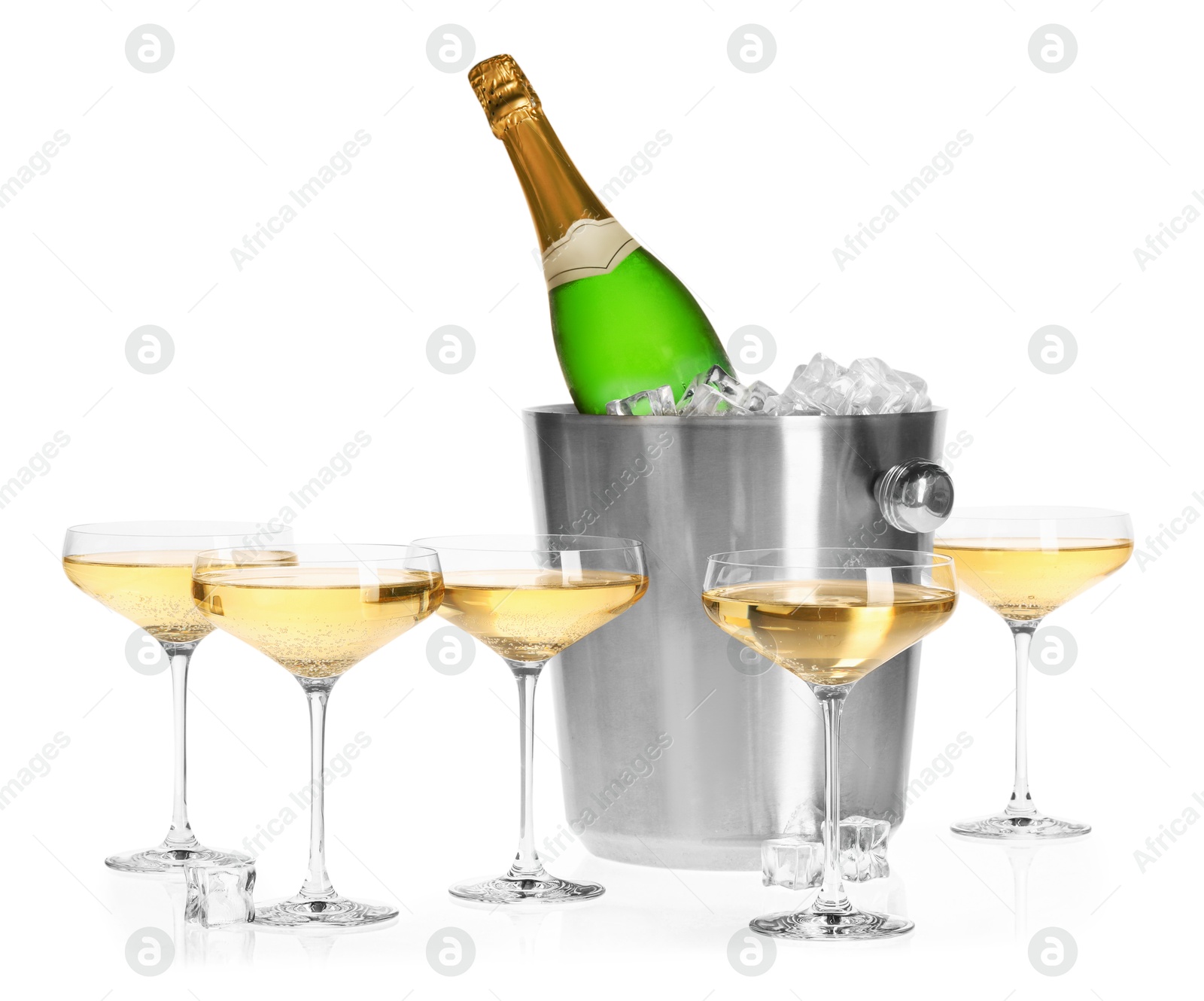 Photo of Champagne and bucket with ice isolated on white