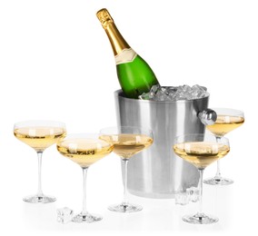 Photo of Champagne and bucket with ice isolated on white