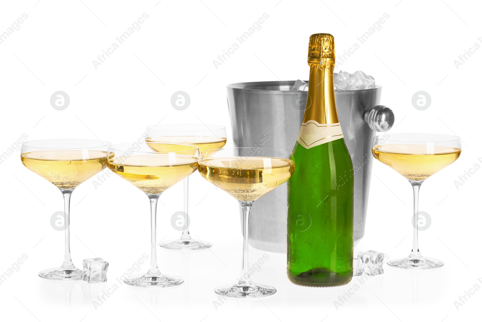 Photo of Champagne and bucket with ice isolated on white