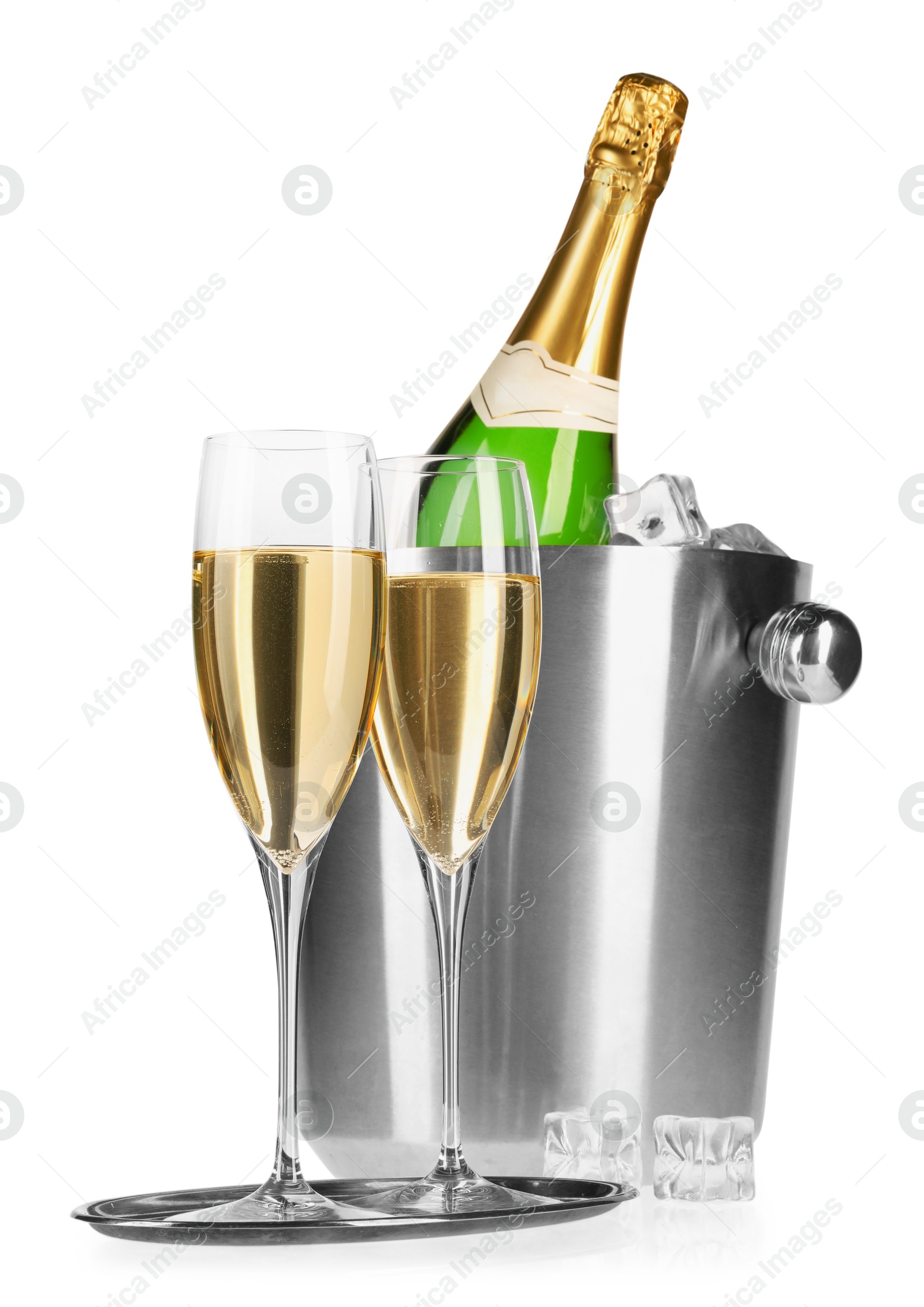 Photo of Champagne and bucket with ice isolated on white