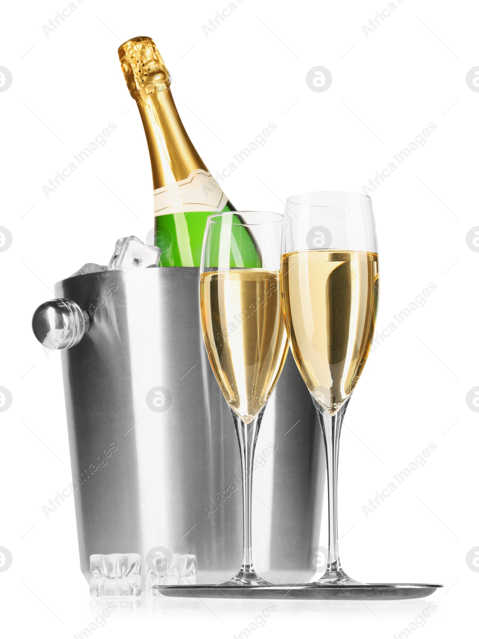 Photo of Champagne and bucket with ice isolated on white