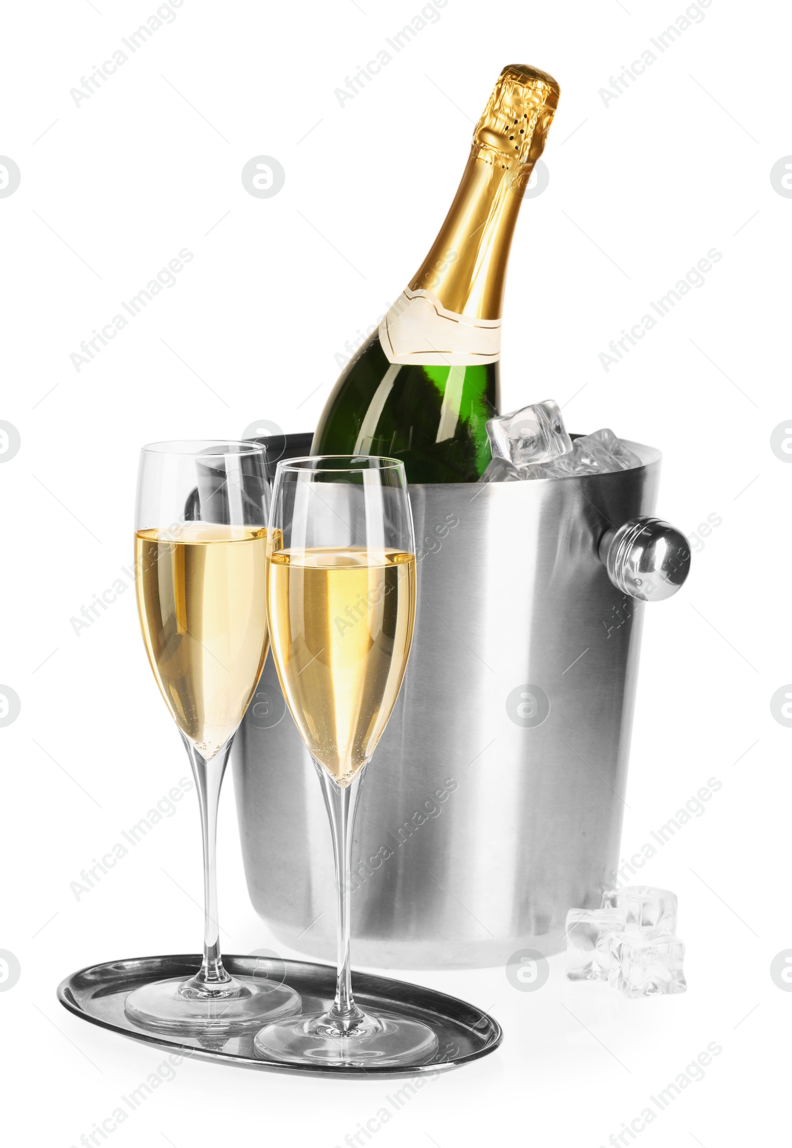 Photo of Champagne and bucket with ice isolated on white