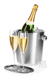 Photo of Champagne and bucket with ice isolated on white