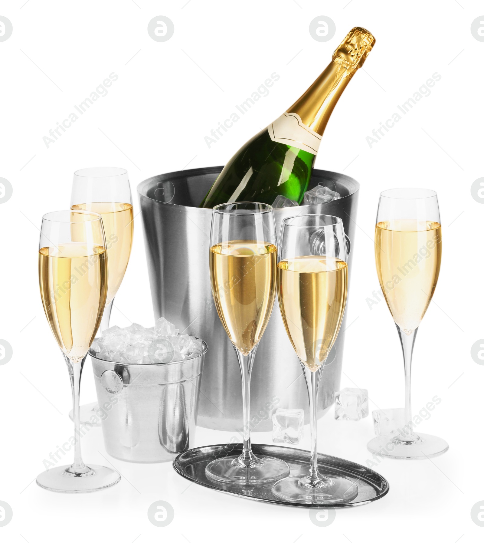 Photo of Champagne and buckets with ice isolated on white