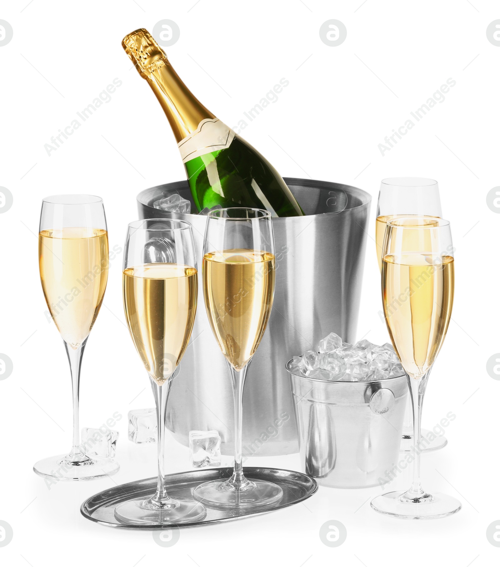 Photo of Champagne and buckets with ice isolated on white