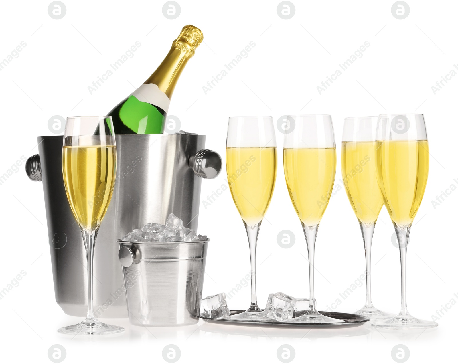 Photo of Champagne and buckets with ice isolated on white