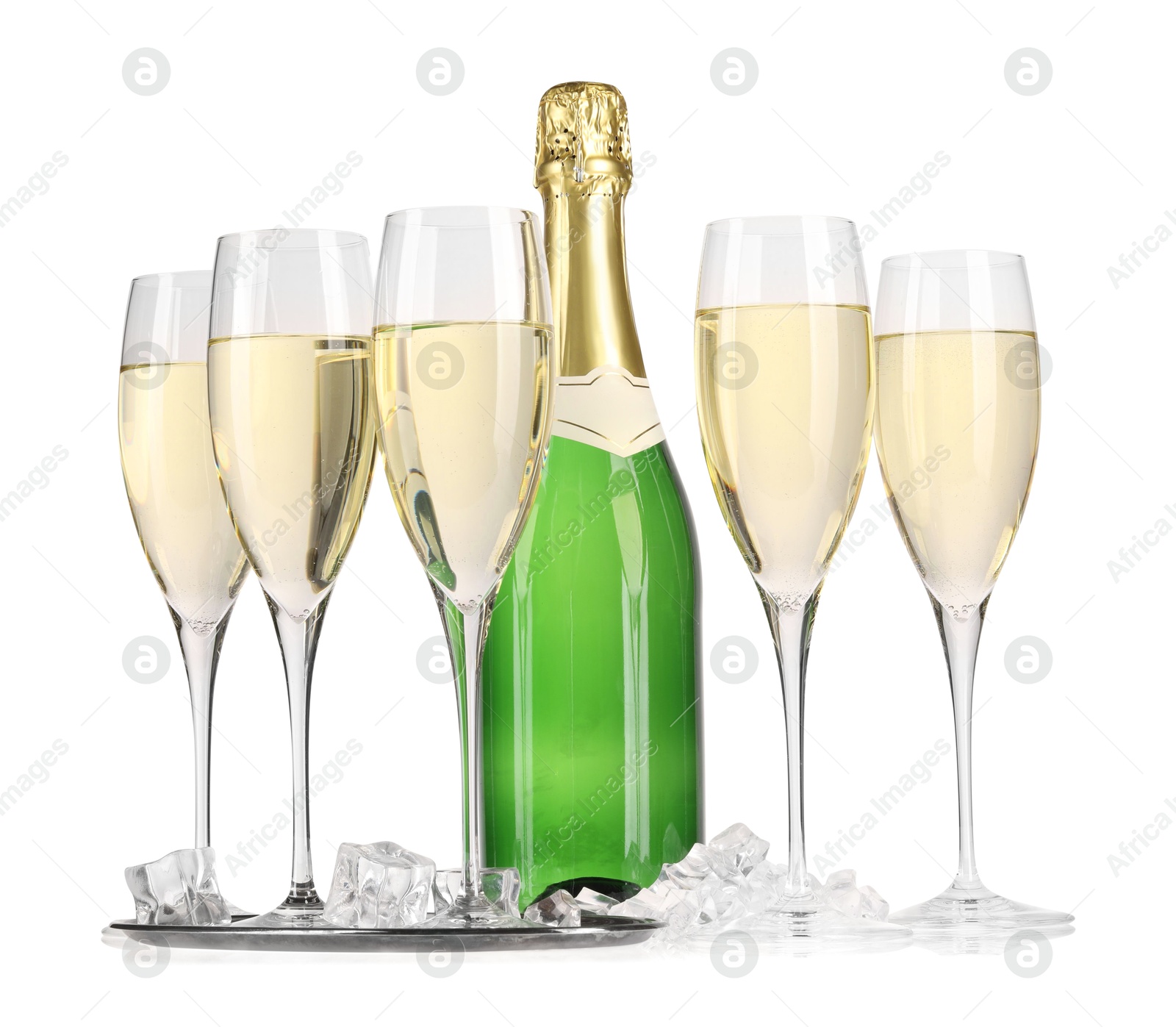 Photo of Bottle and glasses of champagne with ice cubes isolated on white