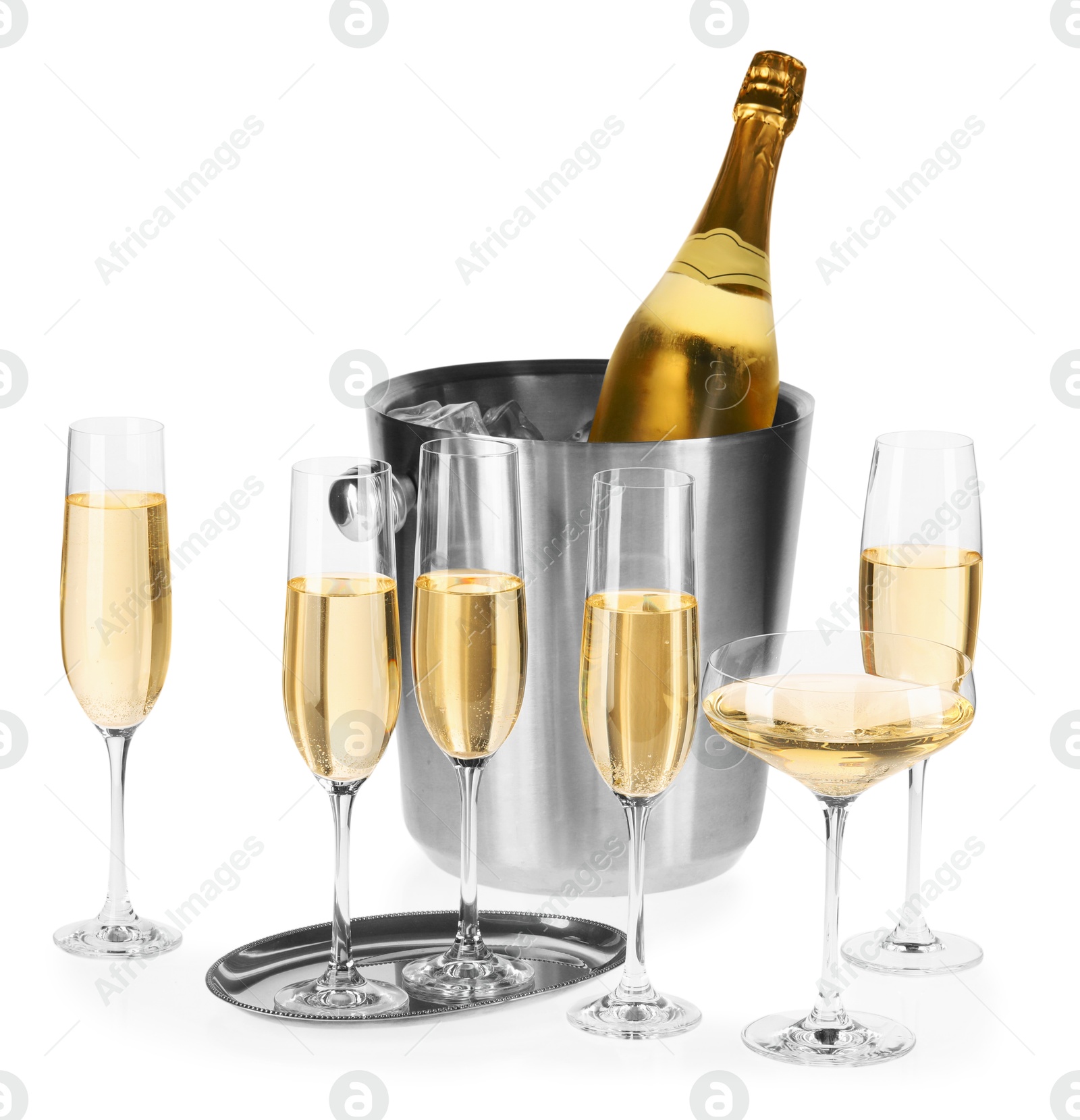 Photo of Champagne and bucket with ice isolated on white