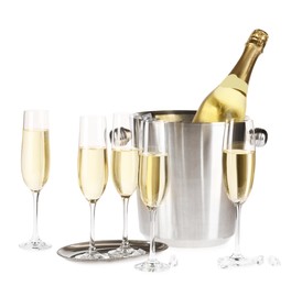 Photo of Champagne and bucket with ice isolated on white