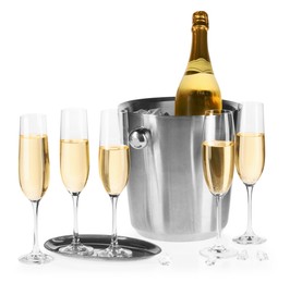 Photo of Champagne and bucket with ice isolated on white