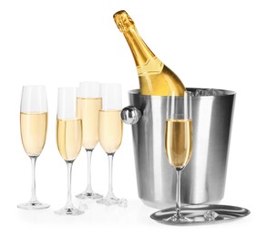 Photo of Champagne and bucket with ice isolated on white