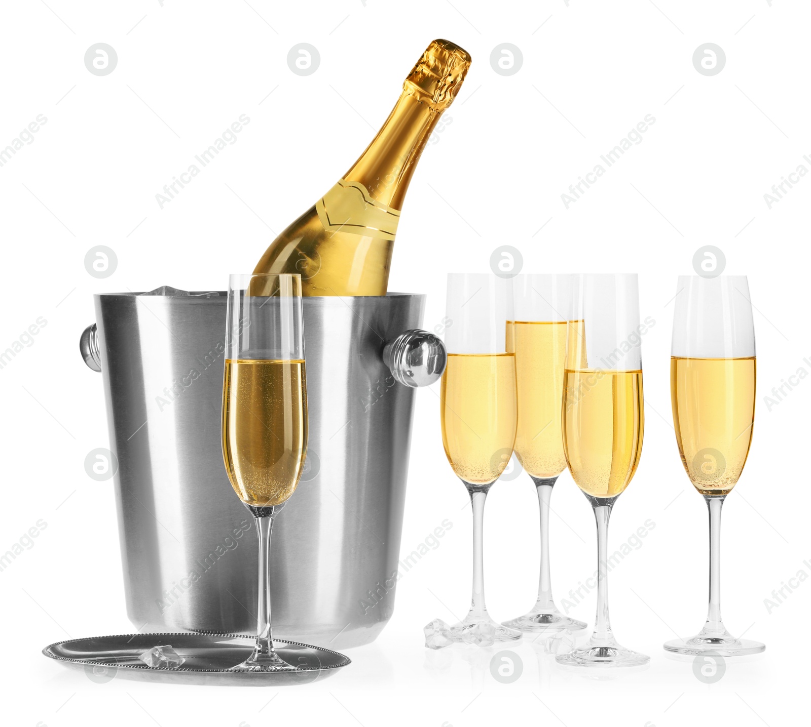 Photo of Champagne and bucket with ice isolated on white