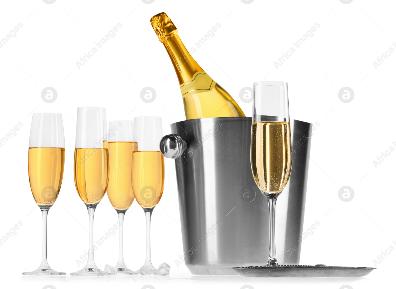 Photo of Champagne and bucket with ice isolated on white