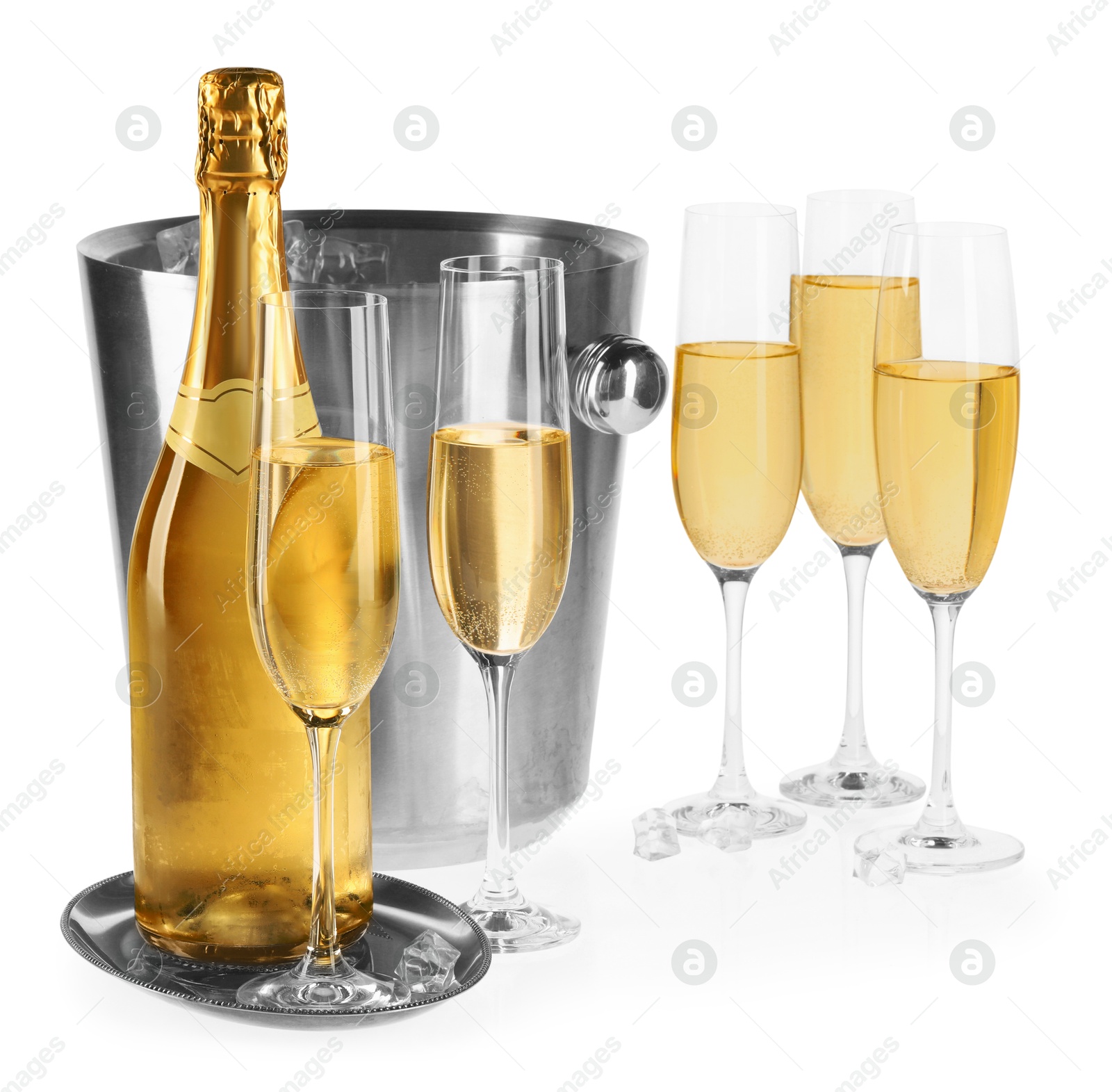 Photo of Champagne and bucket with ice isolated on white