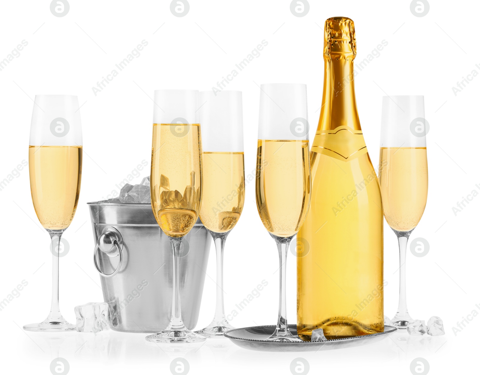 Photo of Champagne and bucket with ice isolated on white