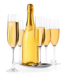 Photo of Bottle and glasses of champagne with ice cubes isolated on white