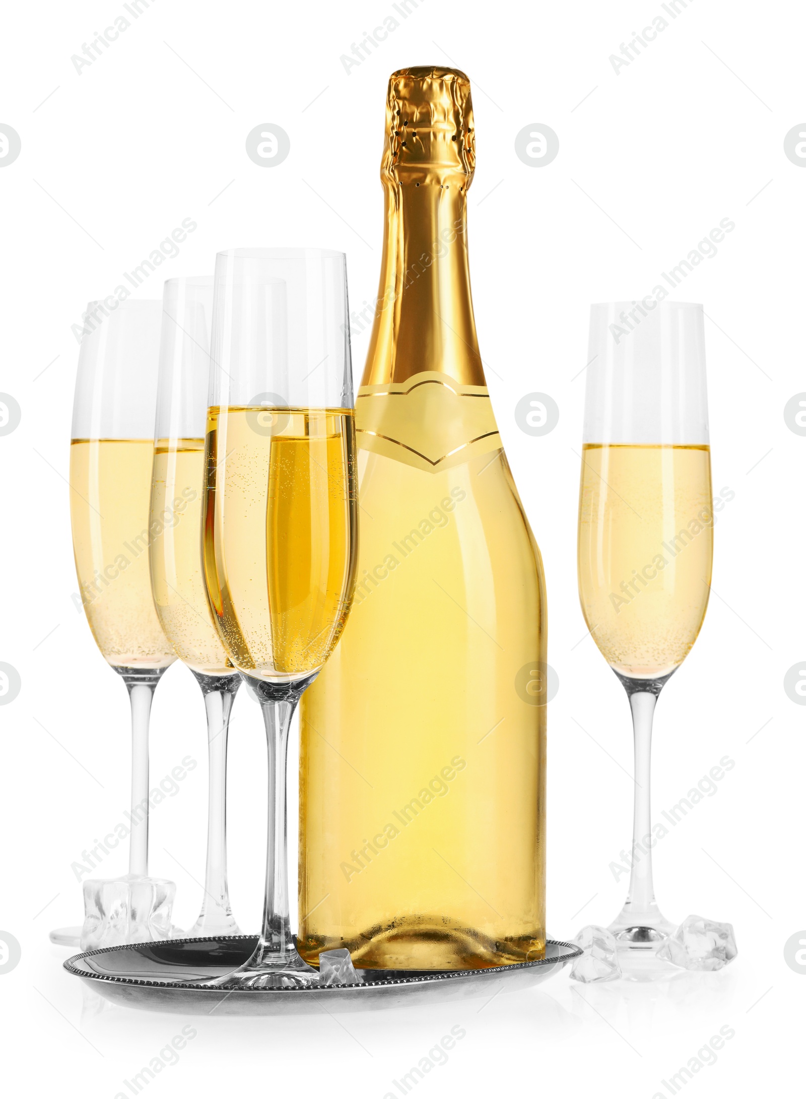 Photo of Bottle and glasses of champagne with ice cubes isolated on white