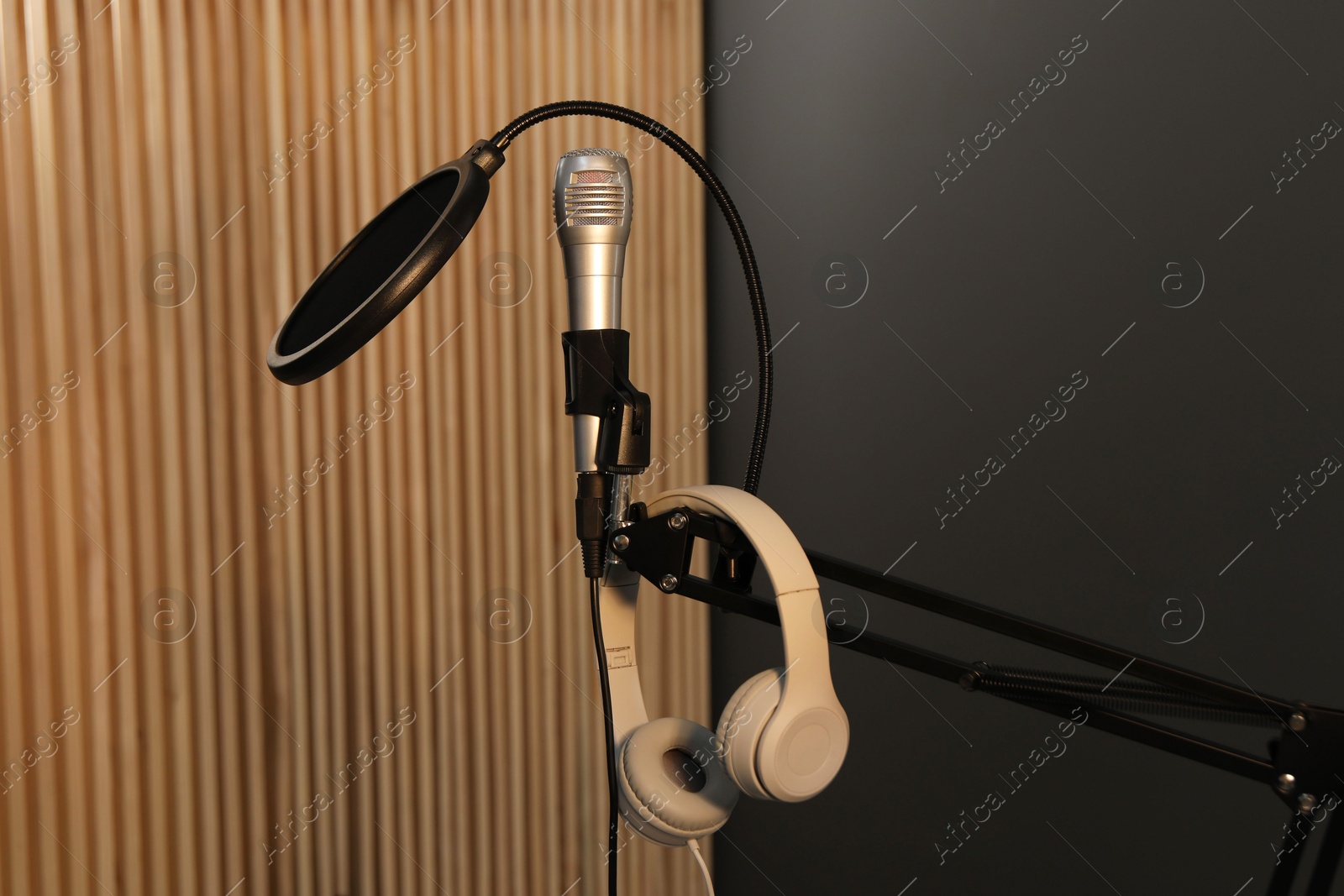 Photo of Stand with microphone, headphones and pop filter indoors. Sound recording and reinforcement