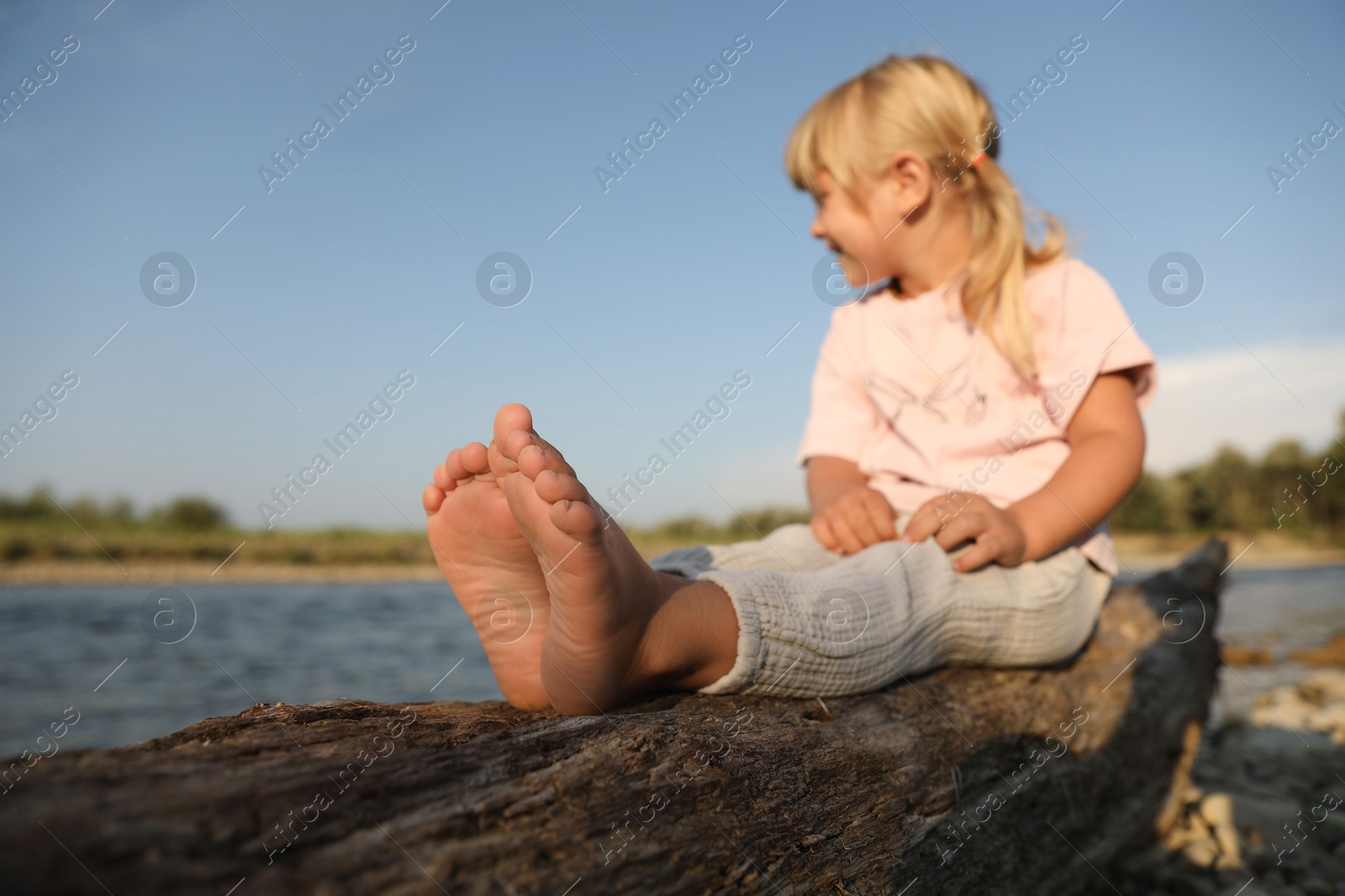 Photo of Cute little girl sitting on tree trunk near river, selective focus. Child enjoying beautiful nature