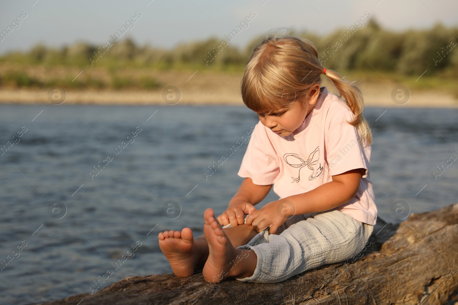 Photo of Cute little girl sitting on tree trunk near river, space for text. Child enjoying beautiful nature