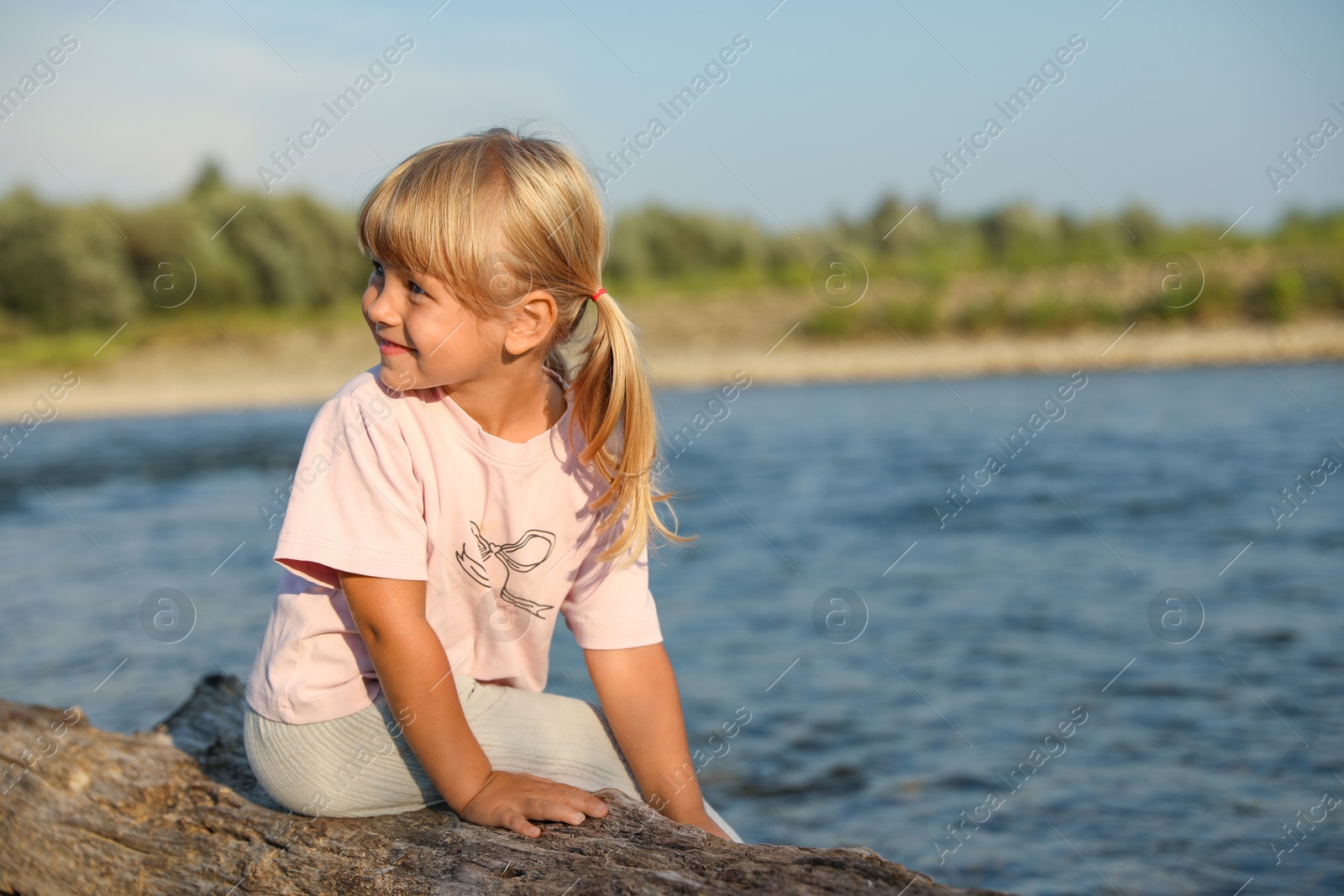 Photo of Cute little girl sitting on tree trunk near river, space for text. Child enjoying beautiful nature