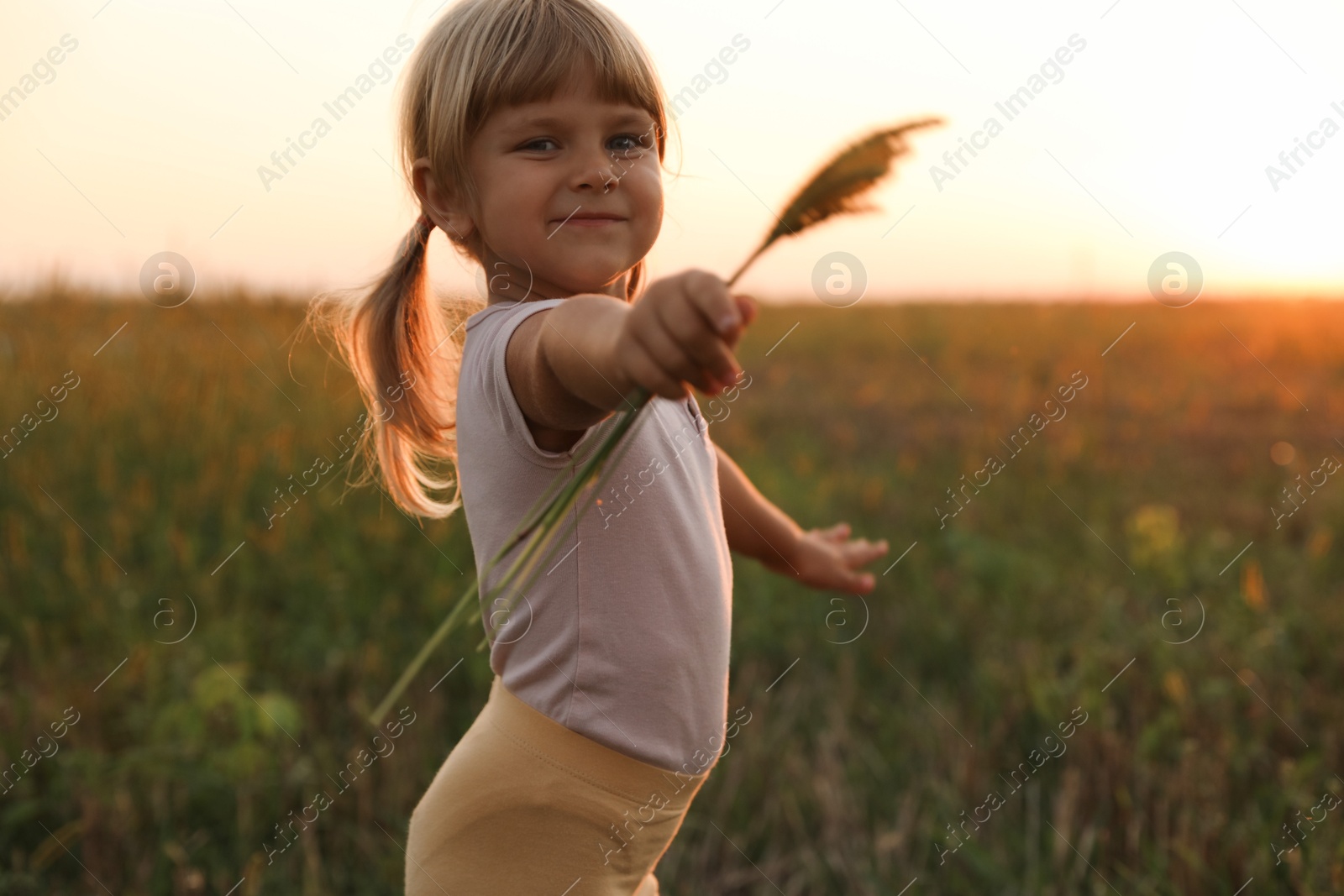 Photo of Cute little girl with plants at meadow. Child enjoying beautiful nature