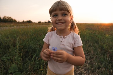 Photo of Cute little girl with flower outdoors at sunset. Child enjoying beautiful nature