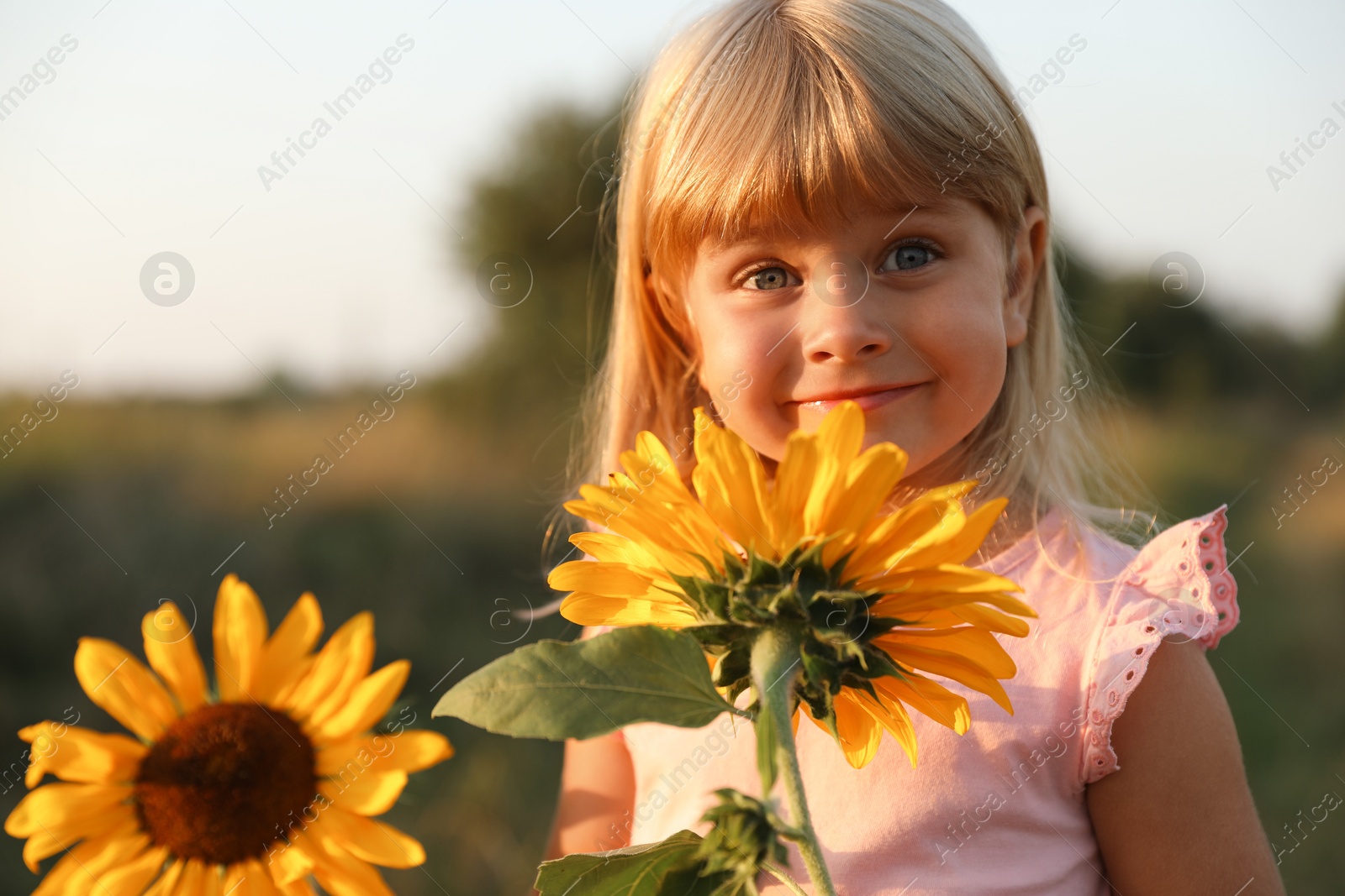 Photo of Little girl with sunflowers at meadow. Child enjoying beautiful nature