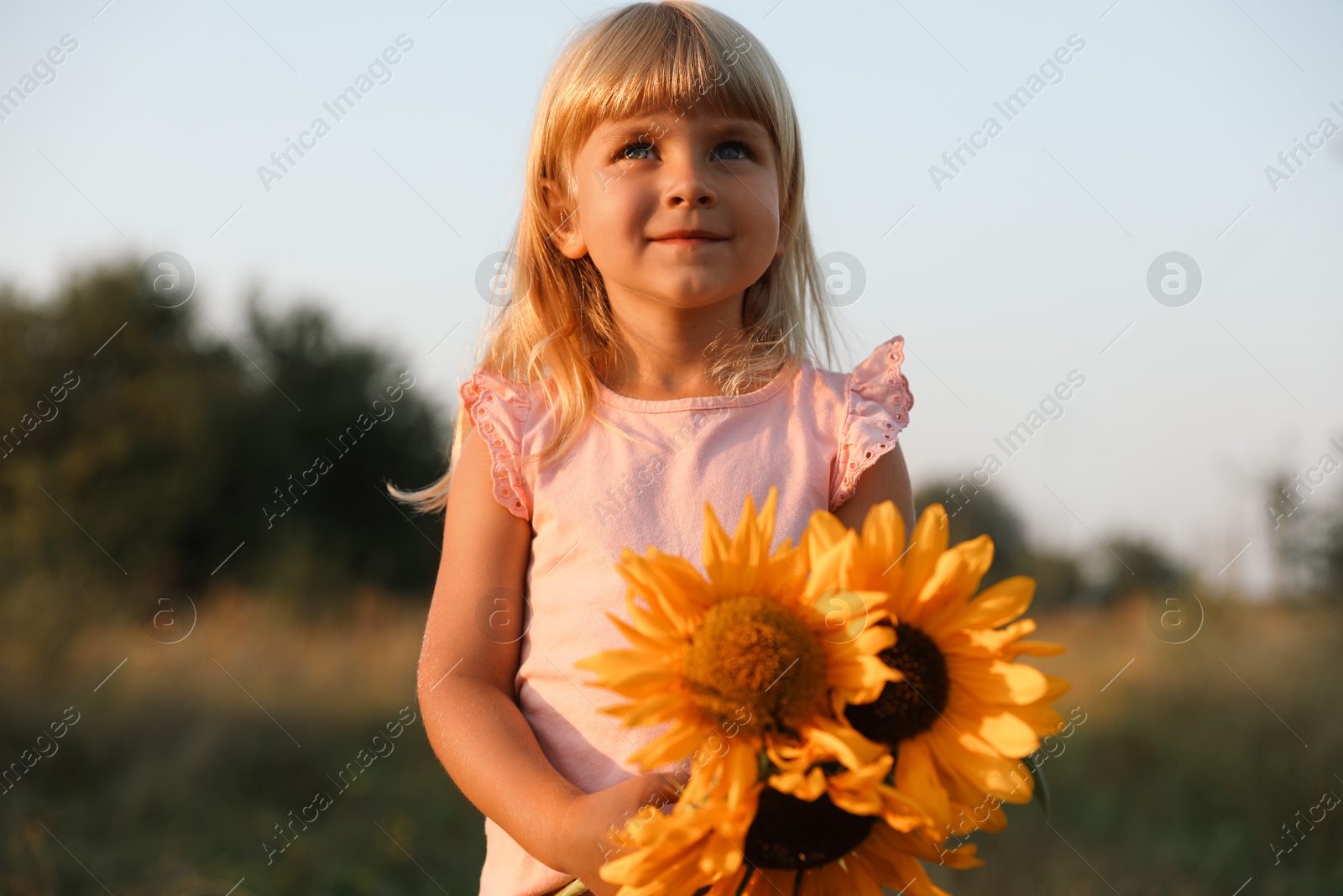 Photo of Little girl with sunflowers at meadow. Child enjoying beautiful nature