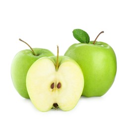 Photo of Whole and cut fresh green apples isolated on white