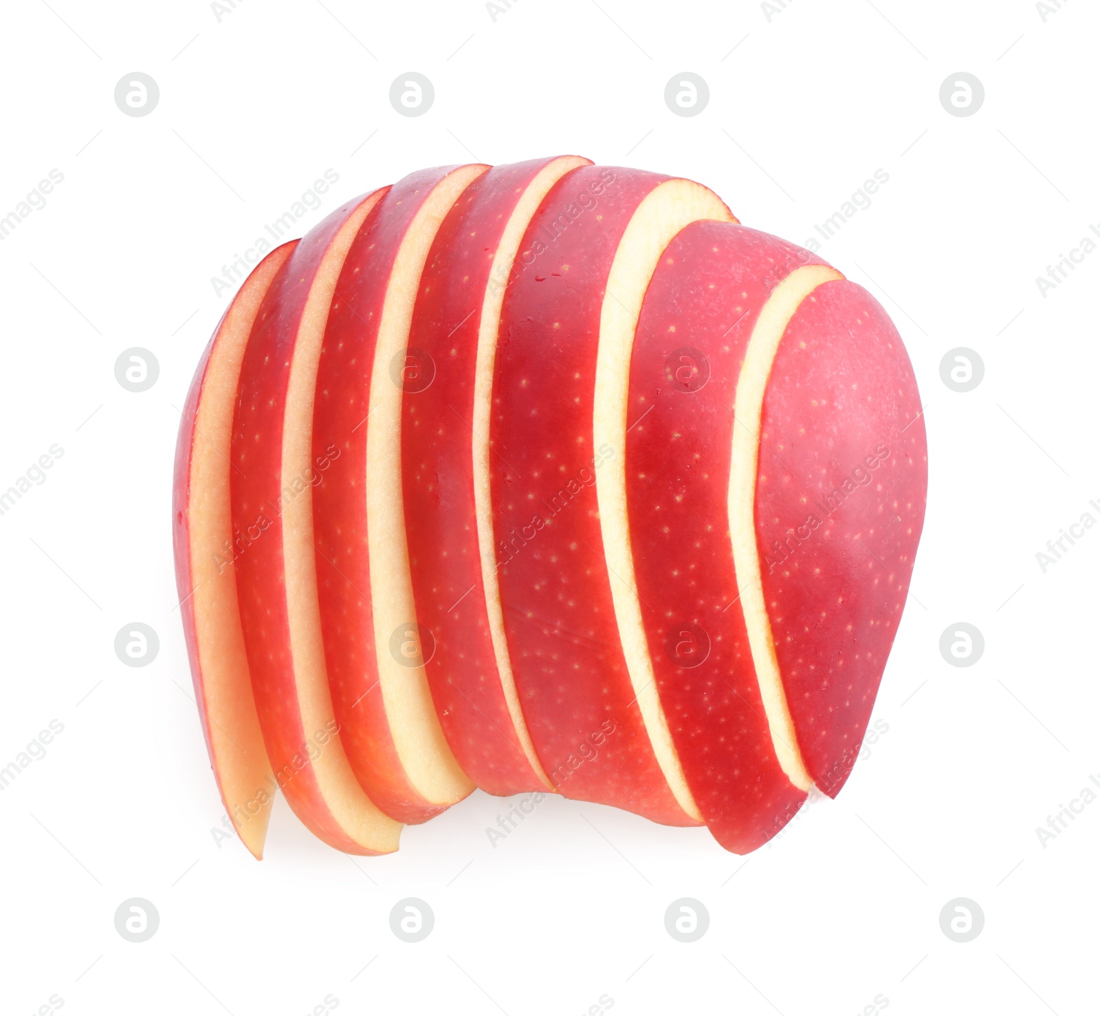 Photo of Slices of fresh ripe apple isolated on white, top view