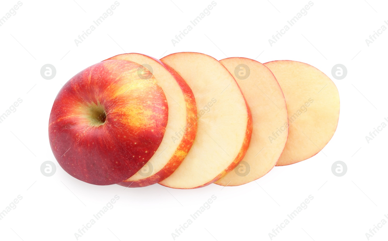 Photo of Slices of fresh ripe apple isolated on white, top view