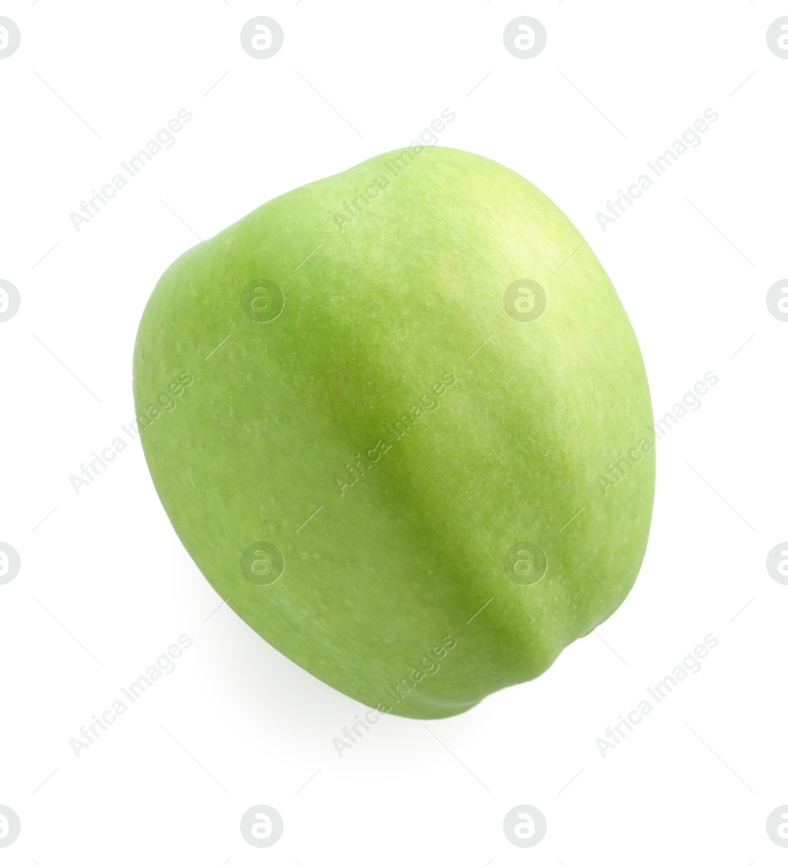 Photo of One ripe green apple isolated on white, top view