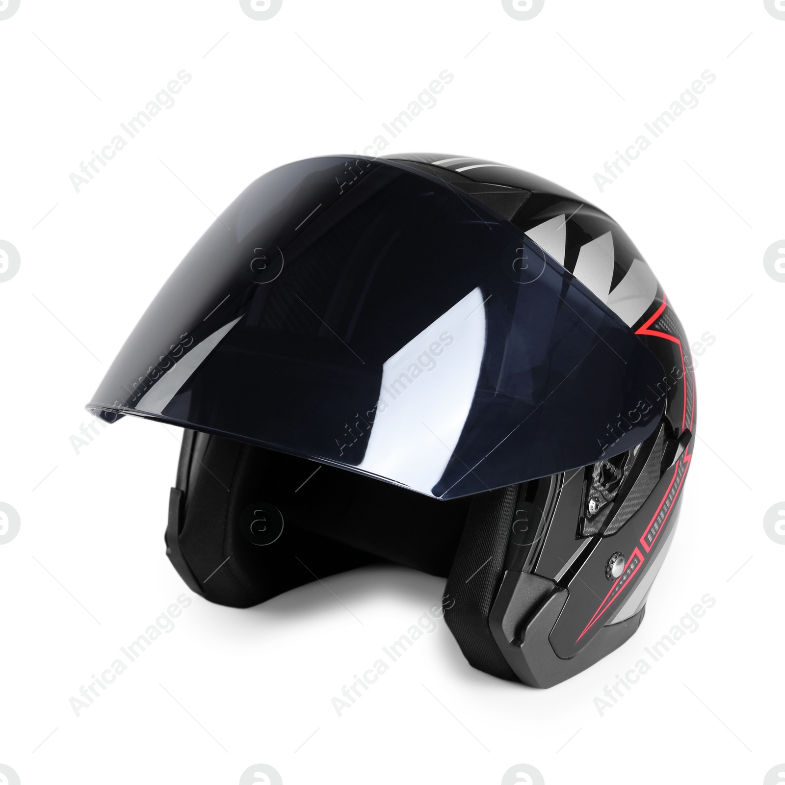 Photo of Modern motorcycle helmet with visor on light background, space for text