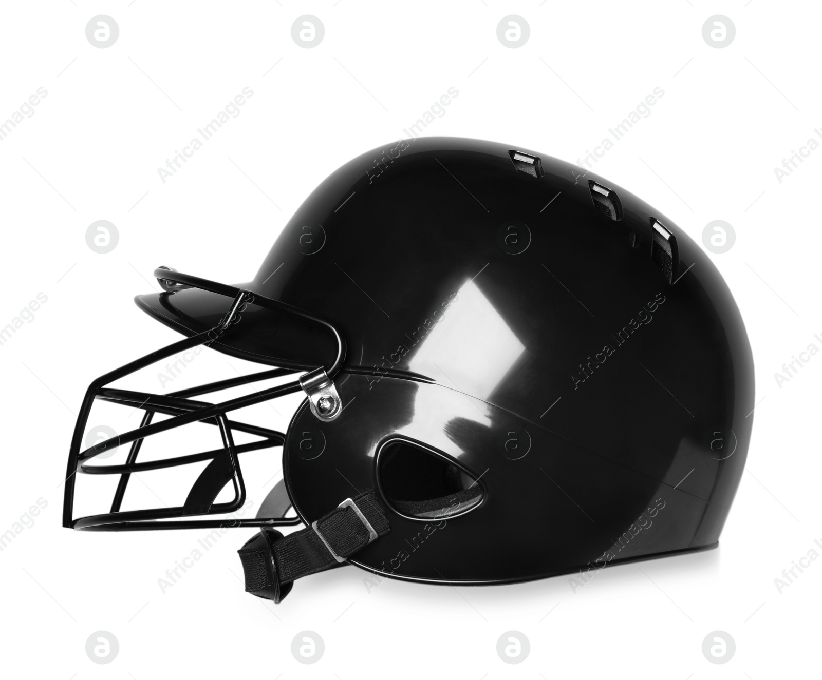 Photo of Black baseball helmet on gray background, top view. Space for text