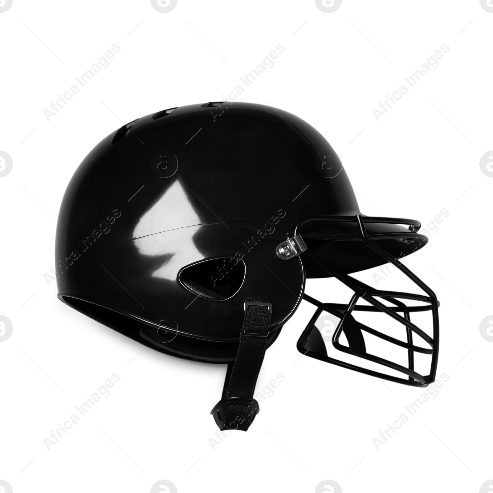 Photo of Black baseball helmet on gray background, top view. Space for text