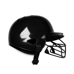 Photo of Black baseball helmet on gray background, top view. Space for text