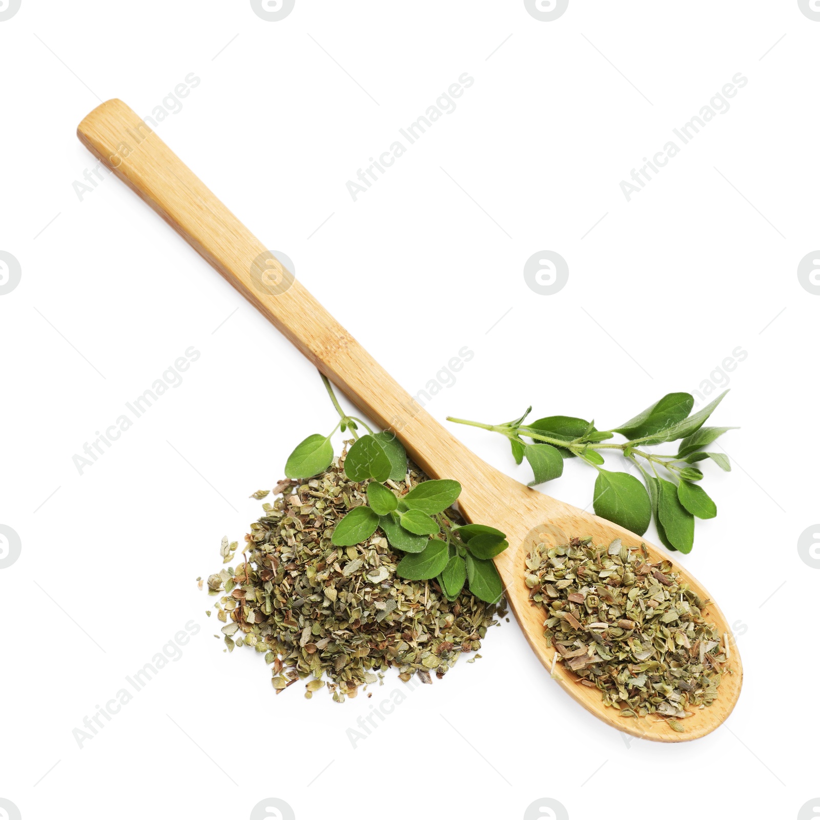 Photo of Dried oregano, green leaves and wooden spoon isolated on white, top view