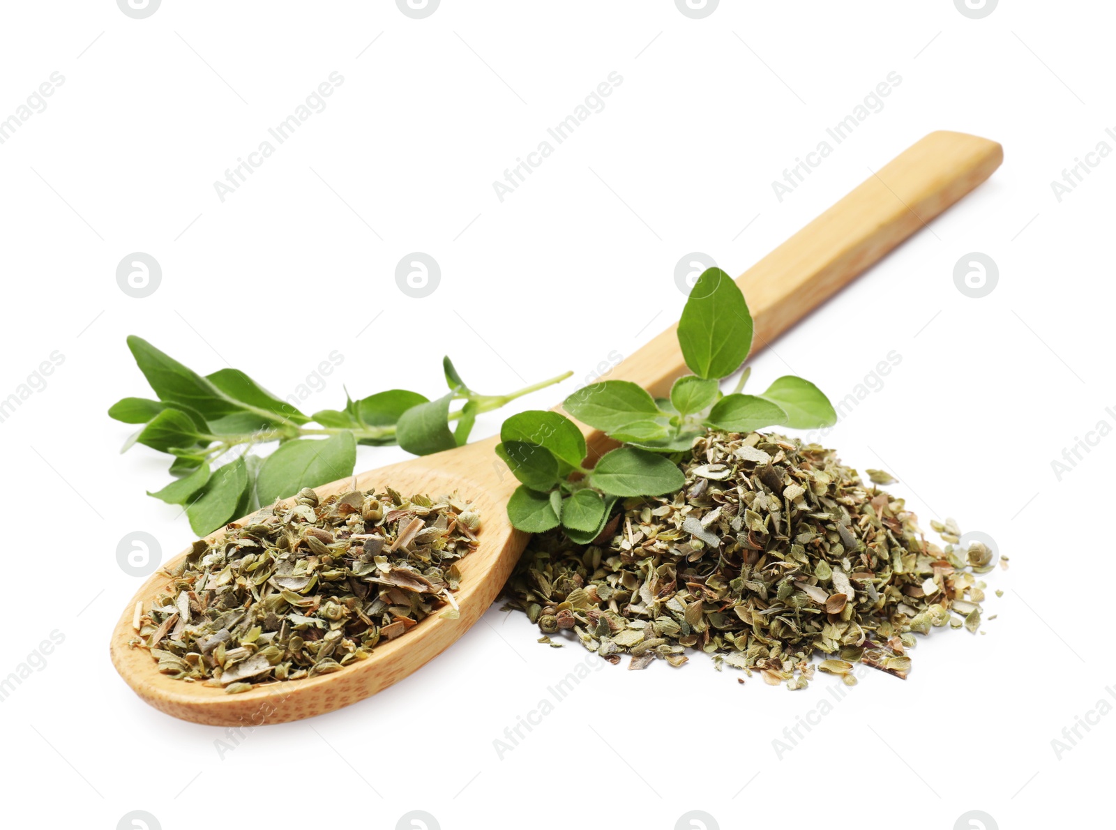 Photo of Dried oregano, green leaves and wooden spoon isolated on white