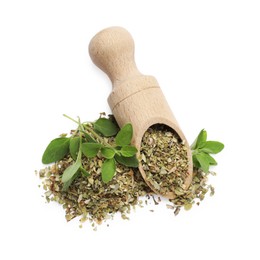 Photo of Dried oregano, green leaves and wooden scoop isolated on white, top view