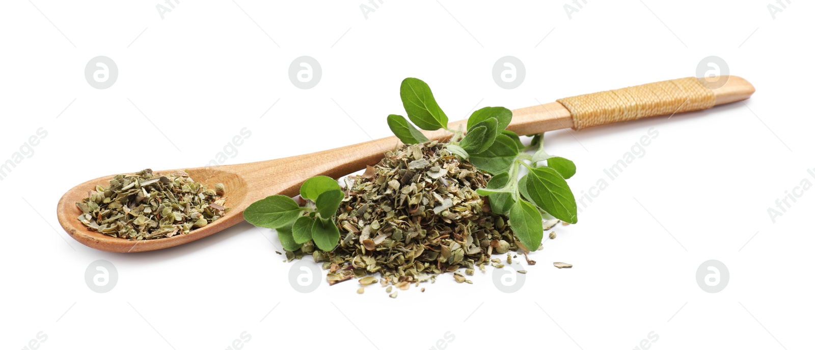 Photo of Dried oregano, green leaves and wooden spoon isolated on white