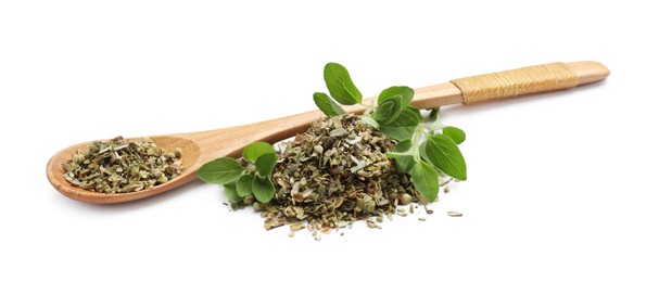 Photo of Dried oregano, green leaves and wooden spoon isolated on white