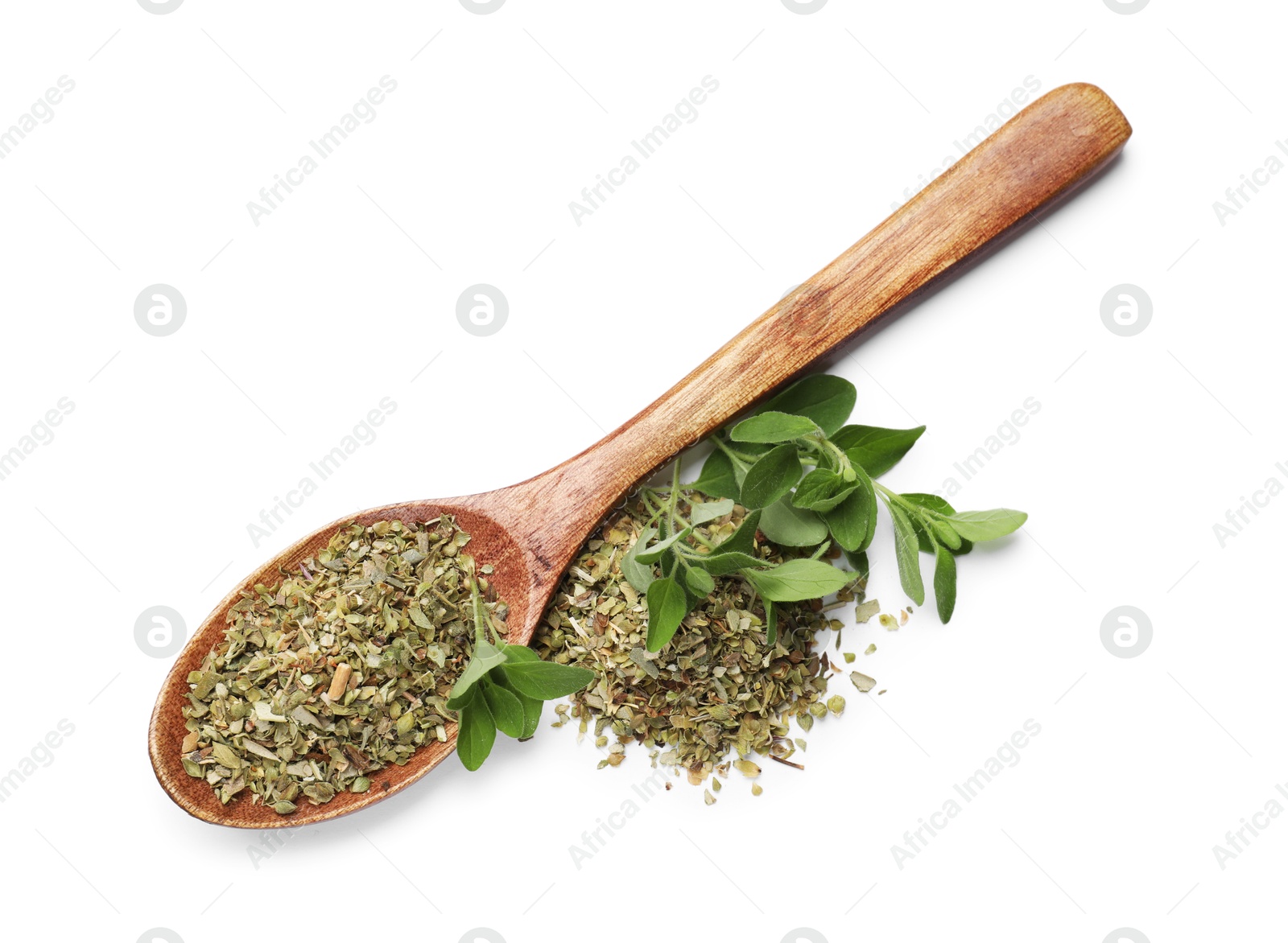 Photo of Dried oregano, green leaves and wooden spoon isolated on white, top view