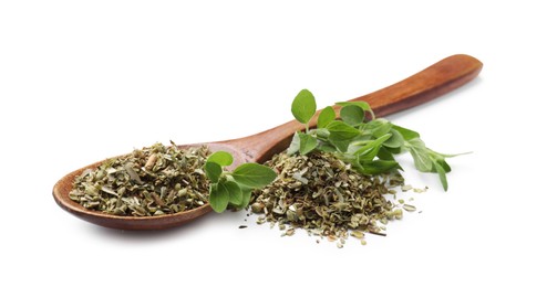 Photo of Dried oregano, green leaves and wooden spoon isolated on white