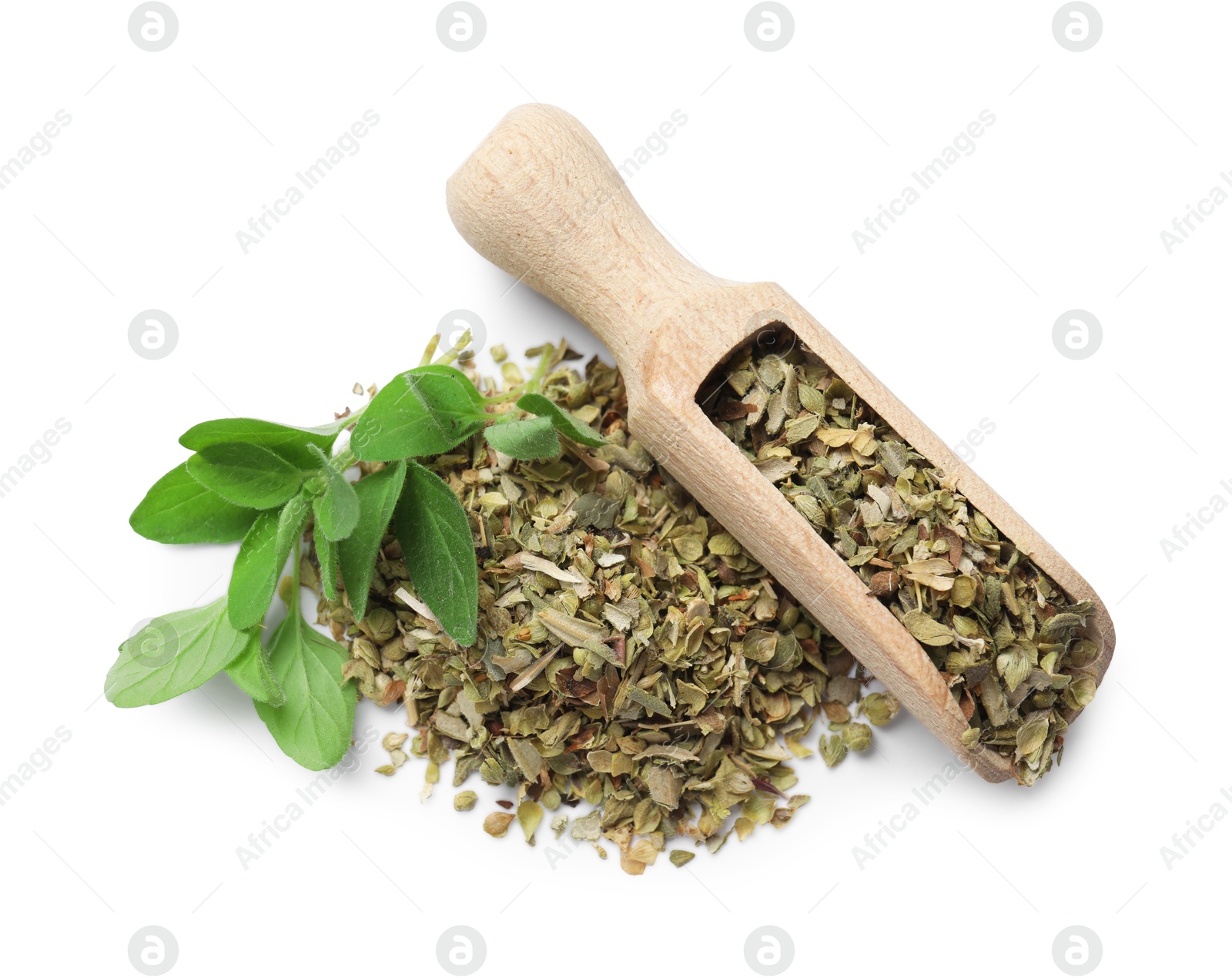 Photo of Dried oregano, green leaves and wooden scoop isolated on white