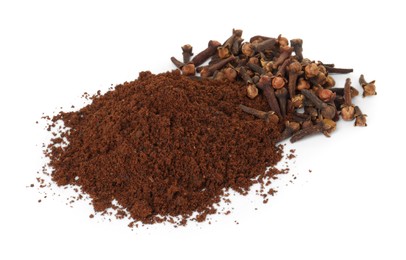 Pile of clove powder and dried buds on white background. Aromatic spice