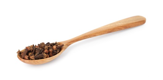 Dry clove buds in wooden spoon on white background. Aromatic spice