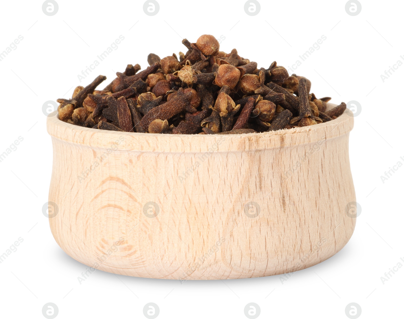 Photo of Dry clove buds in wooden bowl on white background. Aromatic spice